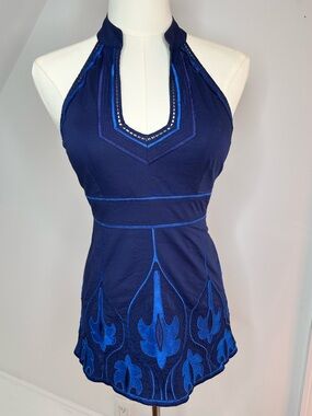 KAREN MILLEN Navy halter-style top with embroidered, women’s size 2